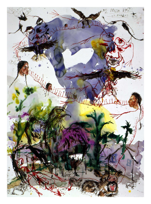 East of Mesa East w/ 4 Eagles, 2002, Watercolor and ink on paper