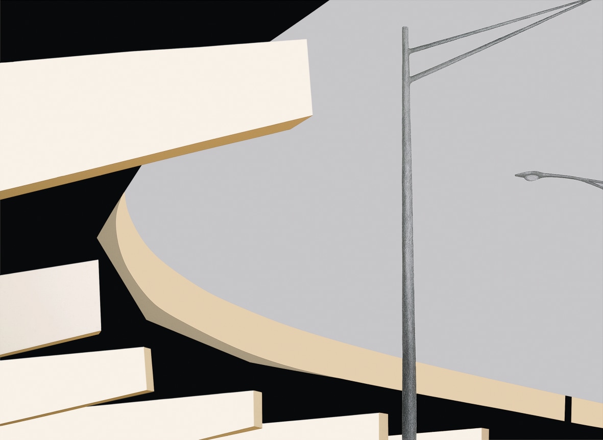 White and black curving form with gray background and two street light shapes