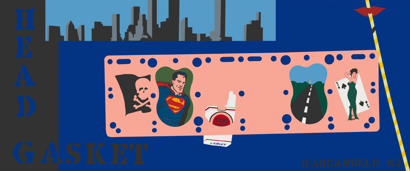 Blue and pink abstracted painting of cityscape, with image of cigarettes, skull and cross bones, superman, with text "Head Gasket' on Left of canvas