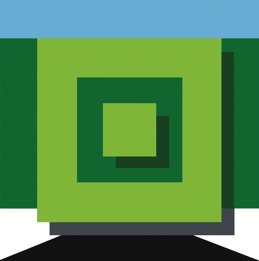 Geometric green squares with blue rectangle and black trapezoid shape