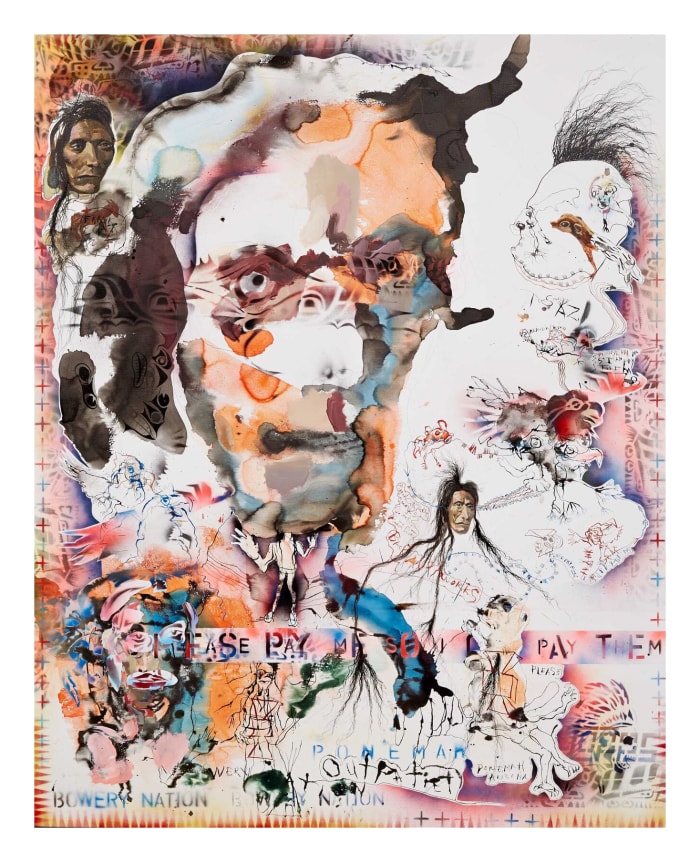 Plesae Pay Me So I Can Pay Them (Bowery Nation), 2014, Spray paint, ink, and pencil on bed sheet