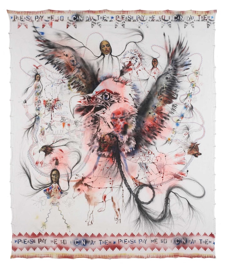 Please Pay Me So I Canb Pay Them, 2013, Spray paint, ink, pencil on bed sheet