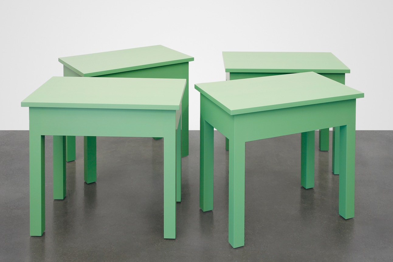 Four Green Tables (one to be used in my new home, one to be sold by a gallery and used as a table in the purchaser's home, one to be acquired by an Institution to be conserved in original condition, one to be donated anonymously to a thrift store), 2016, Enamel on eastern maple