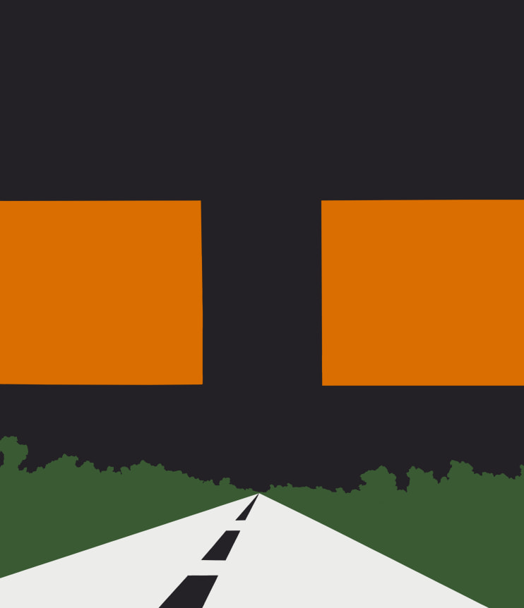 White roadway with green landscape, black sky and two orange squares in center of canvas