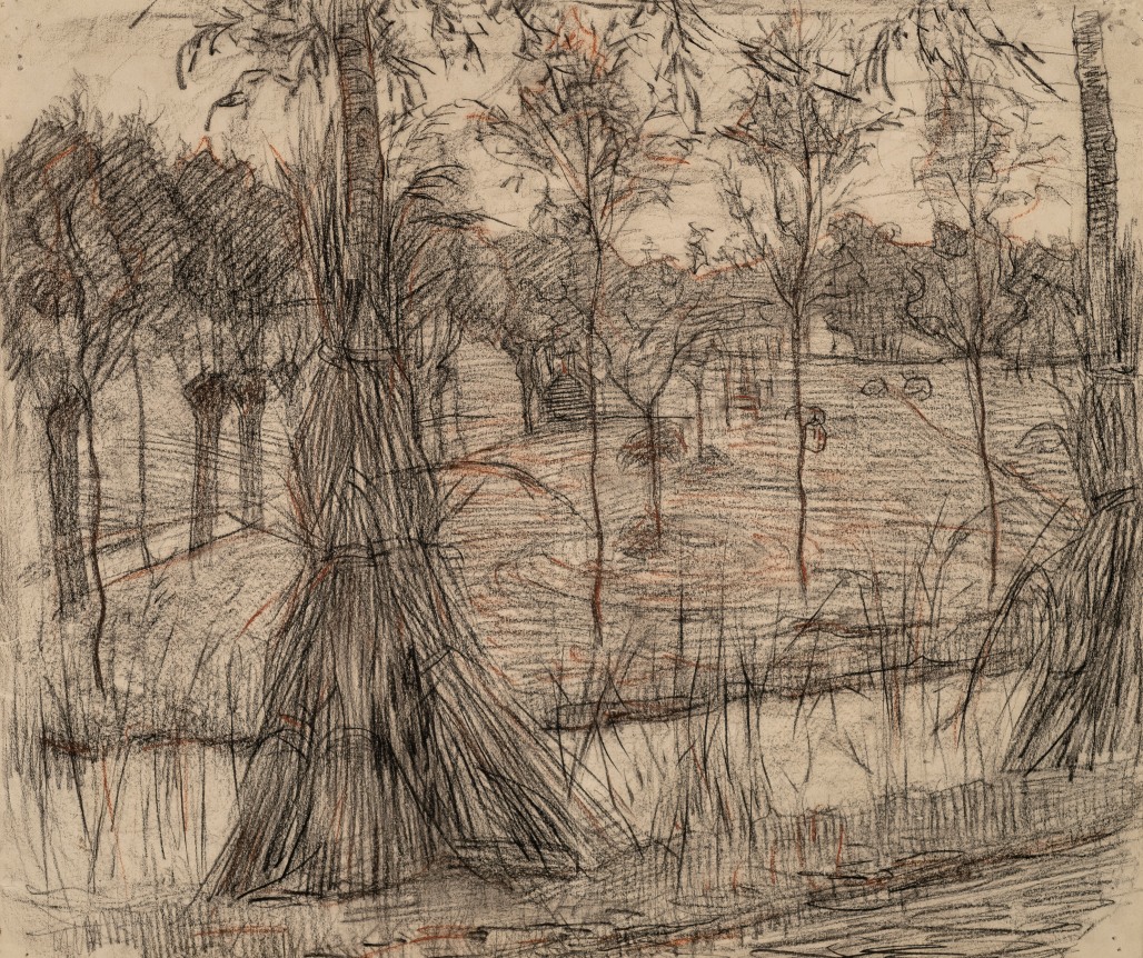 Piet Mondrian Dutch, 1872-1944  Farmyard with Sheep, c. 1905 Verso: Female Nude, c. 1909-11    Conte, charcoal, and pencil on paper 13 x 17 in.