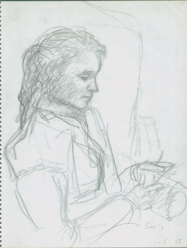 Wolf Kahn, Emily Knitting, 1958    Pencil 10 1/2 x 8 1/4 inches