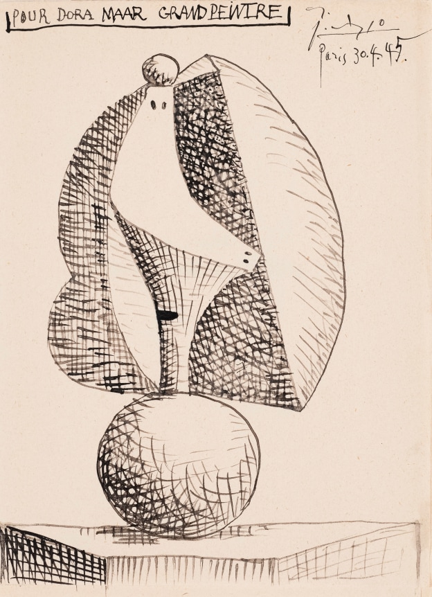 Pablo Picasso Dora Maar: 'Grand Peintre', April 30, 1945    Pen and India ink on the flyleaf of the book "Le désir attrapé par la queue" 7 1/2 x 5 1/2 inches