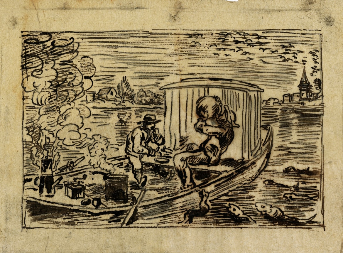 Charles F. Daubigny, The departure lunch in Asnières    Pen and ink on paper layer  4 5/8 x 7 inches