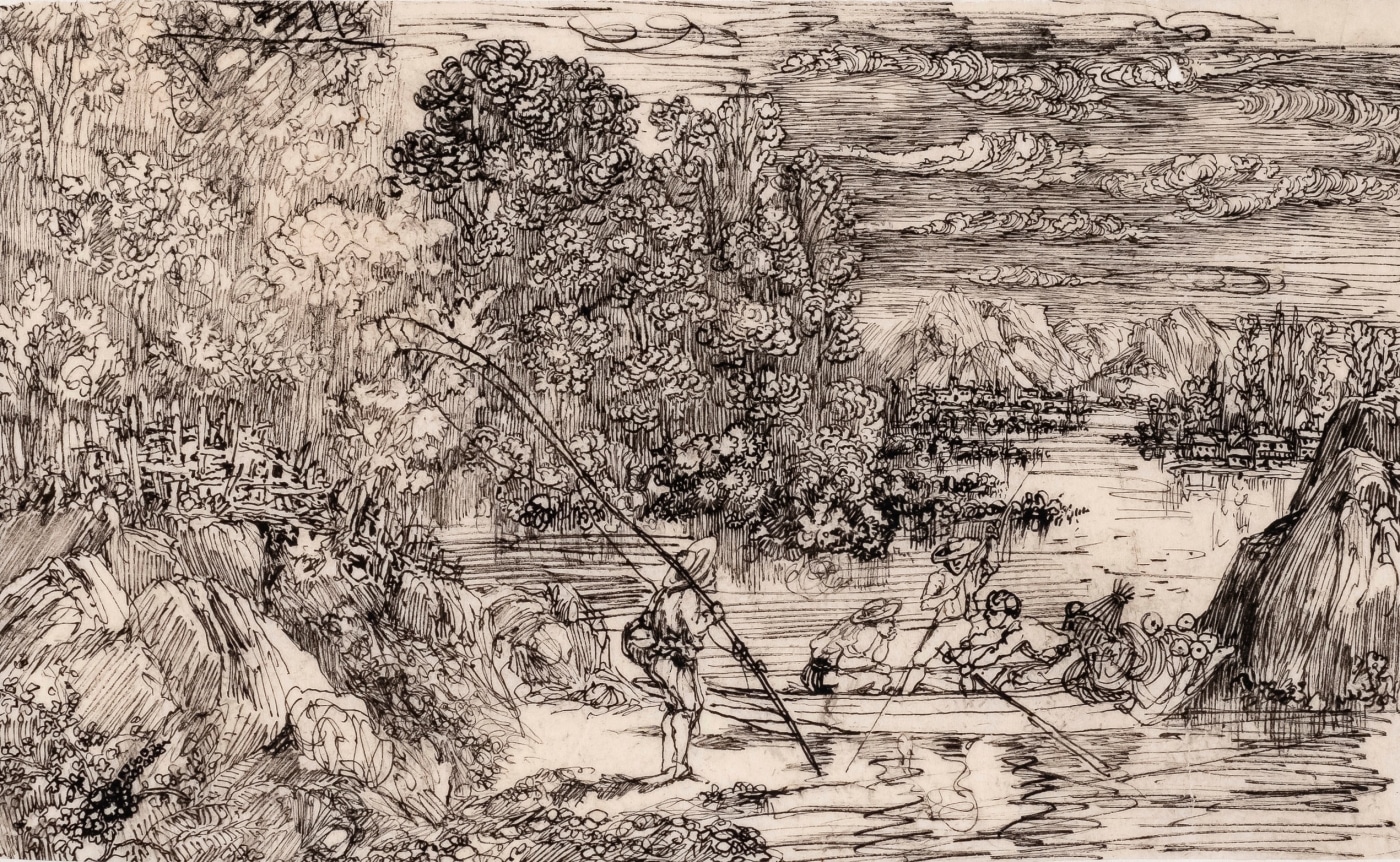 Rodolphe Bresdin (1822-1885) Les pêcheur à la ligne, ca. 1865   Pen and china ink on tracing paper 3 1/8 x 5 inches
