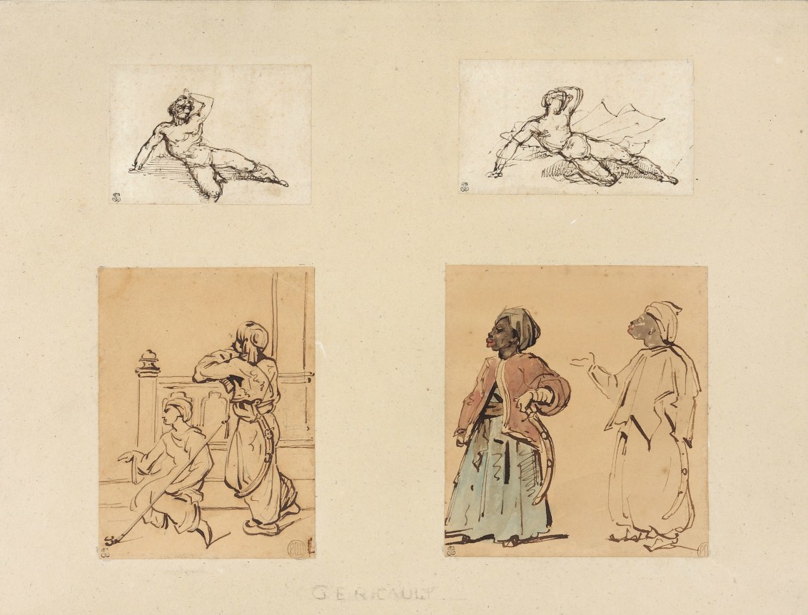 Théodore Géricault  Four drawings: Two Reclining Male Nudes and Two Studies of Arabs  Watercilor and ink on paper 13 x 16 1/8 inches