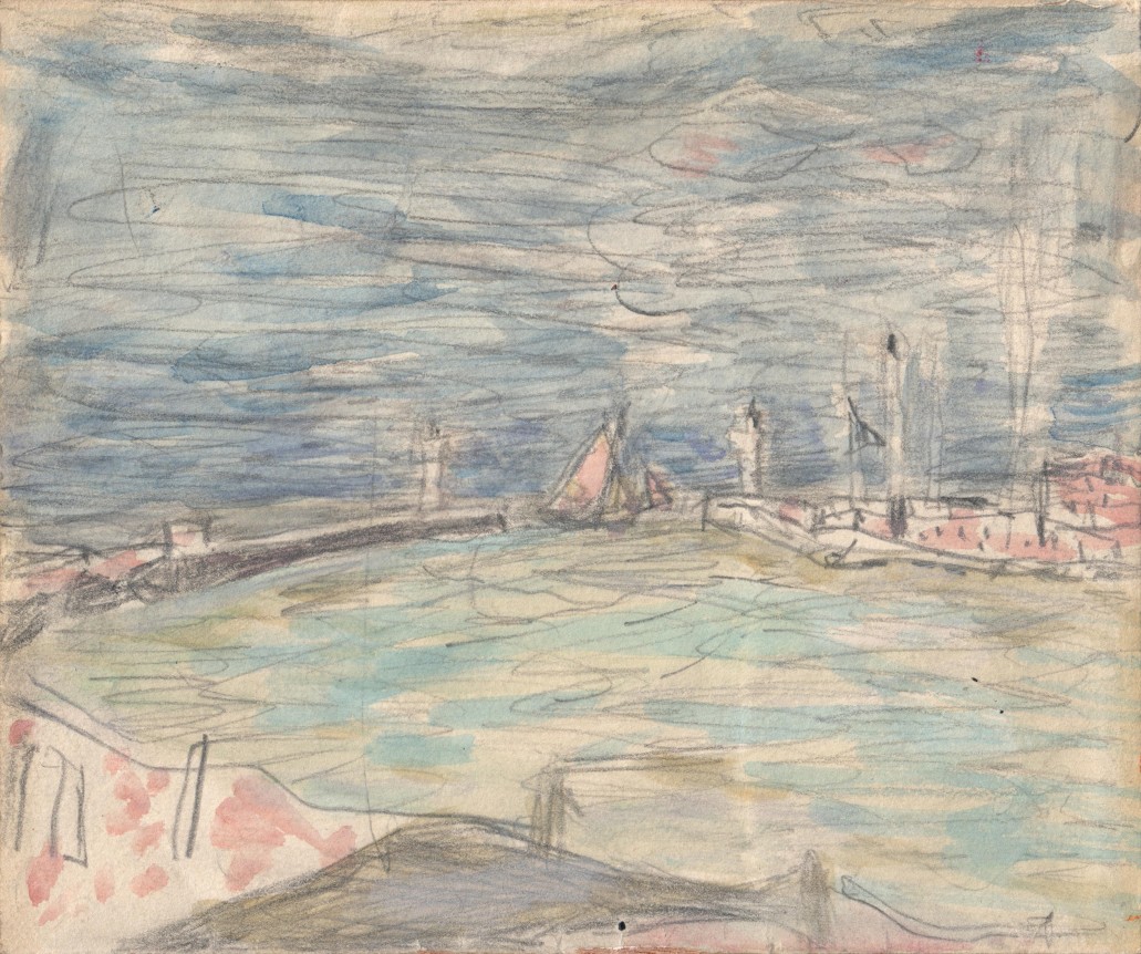 Pierre Bonnard Sailboats at the Entrance to the Port, c. 1925    Watercolor over pencil on paper 4 1⁄4 x 5 inches