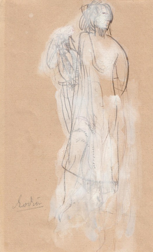 AUGUSTE RODIN French, 1840-1917, Femme debout &agrave; la draperie, c. 1896, Pen and brown in with white gouache on paper 6 7/8 x 4 1/4 in.