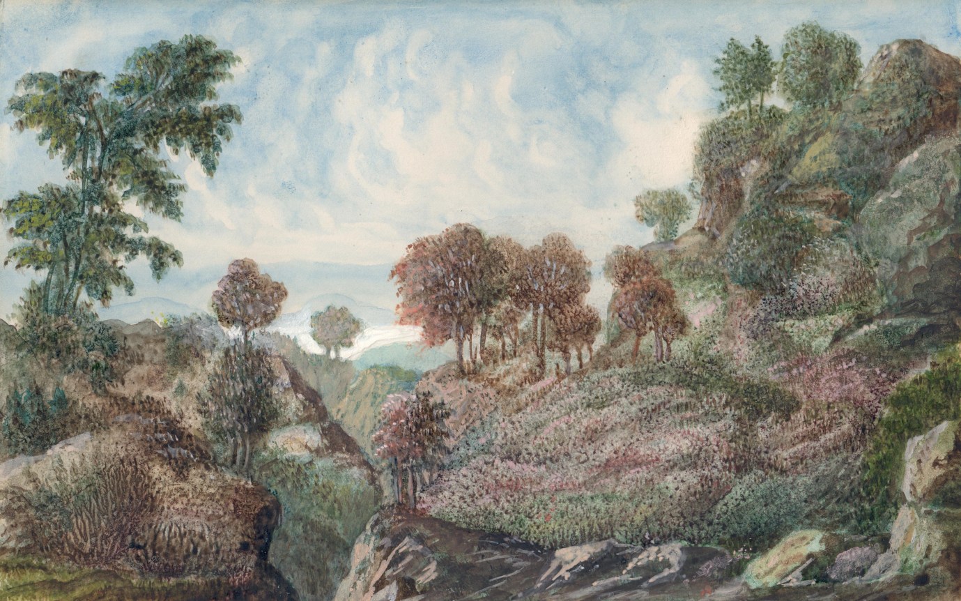 George Sand  Landscape with River Gorge   Watercolor and gouache on bristol paper 6 1/8 x 9 5/8 inches