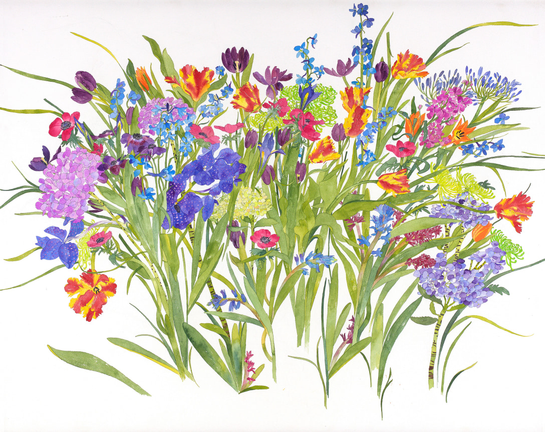 Pamela Sztybel Blue Orchid with Parrot Tulips, 2016  Watercolor on paper  32 x 40 inches