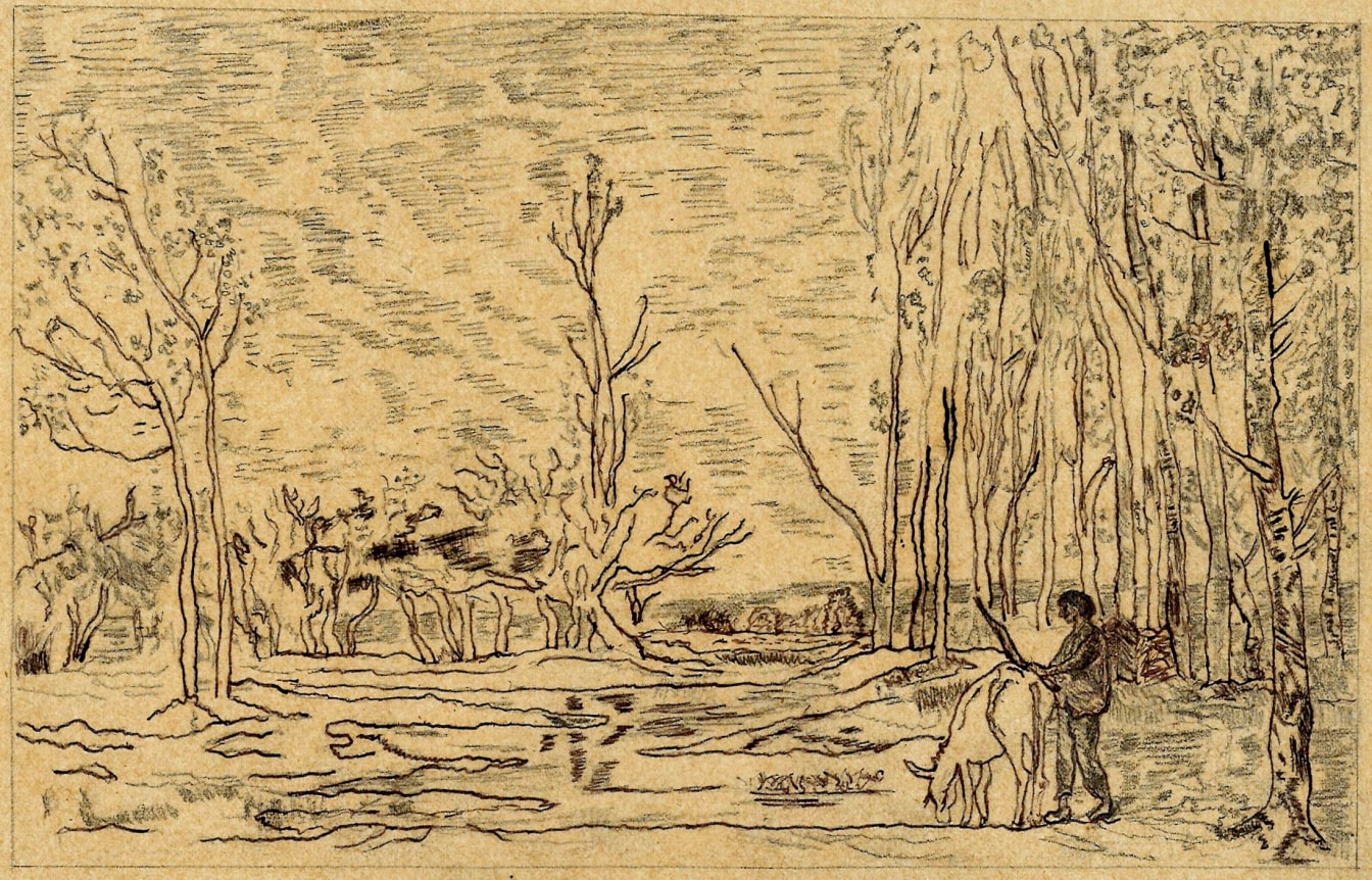 Charles Daubigny Soleil couchant, 1859  Pencil on papier calque 6 1/2 x 10 1/4 inches