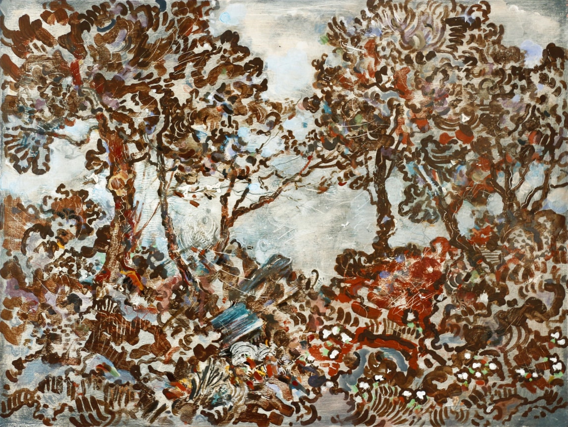 David Scher  (American, b. 1952) Clare, 2020    Mixed media on wood panel 18 x 24 inches