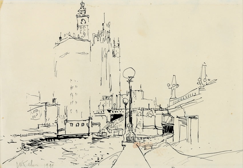 wolf kahn, Wrigley Building, Chicago, 1950    Pen and ink 5 x 8 inches