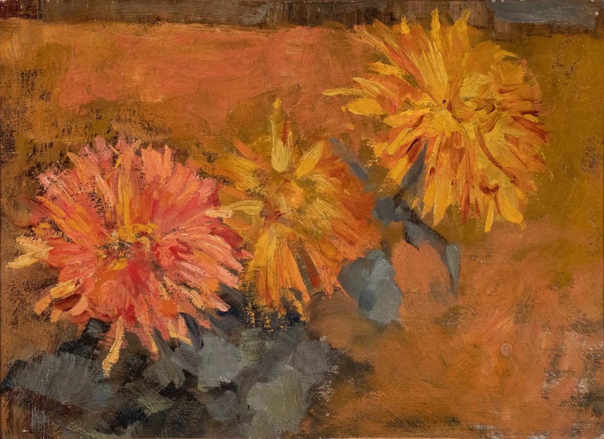 PIET MONDRIAN (1872-1944)  Three Chrysanthemums Drie Chrysanten  Circa 1899-1900, or later? oil on canvas laid down on board 9 5⁄8 x 13 3⁄8 in