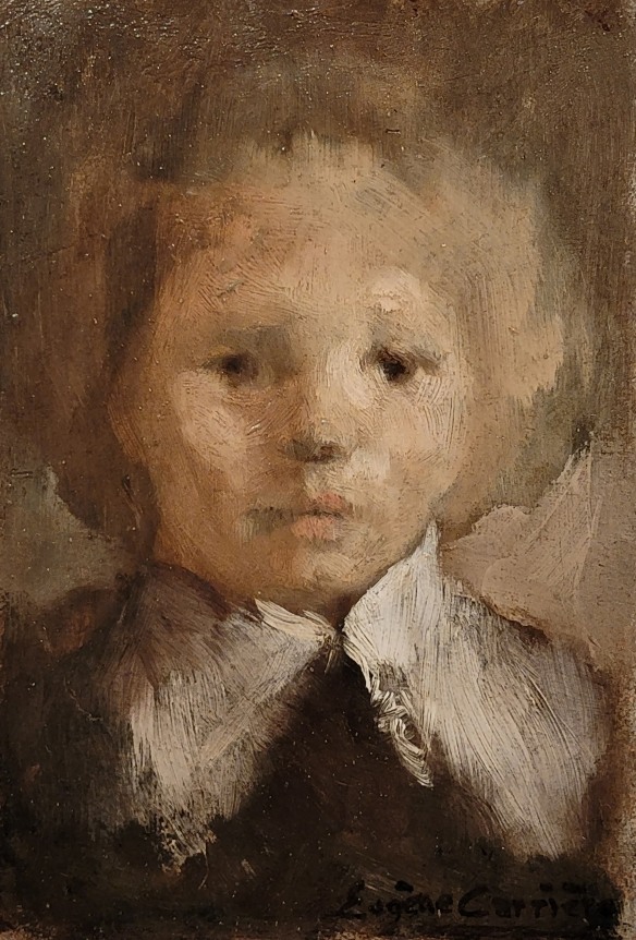 Eugène Carrière French, 1849-1906  Portrait of his son, Léon, c. 1885  Oil on board 6 1/2 x 4 1/2 in.