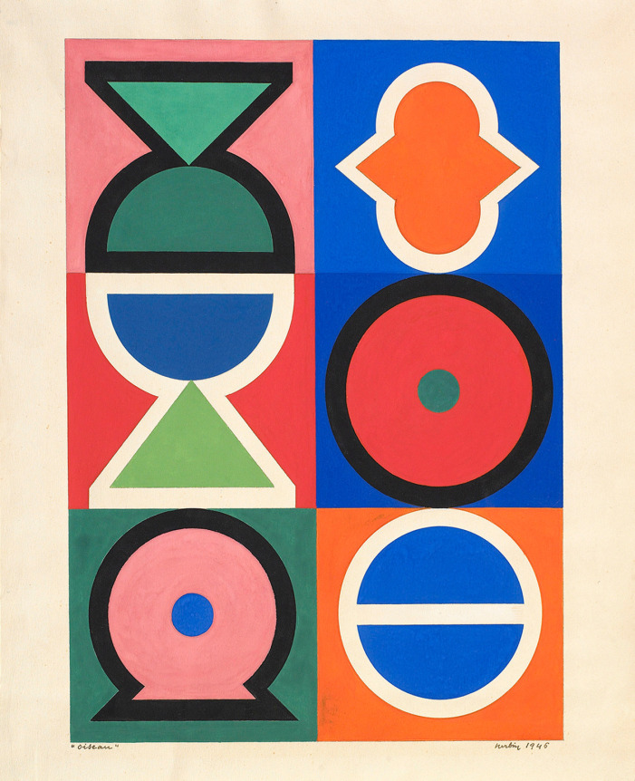Auguste Herbin, Oiseau, 1946, Gouache on paper 12 3/4 x 9 1/4 inches