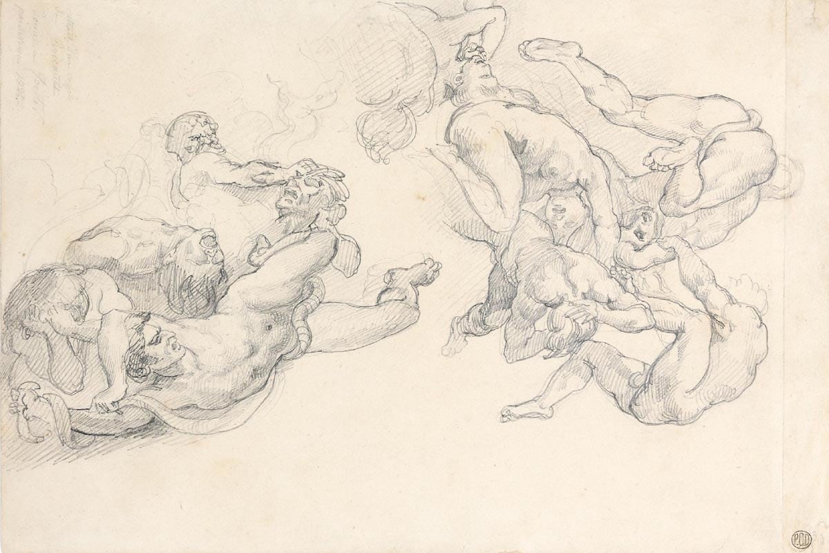 Th&eacute;odore G&eacute;ricault, Studies after Rubens's &quot;Fall of the Damned,&quot; 1818    Graphite on paper 8 1/8 x 11 1/4 inches