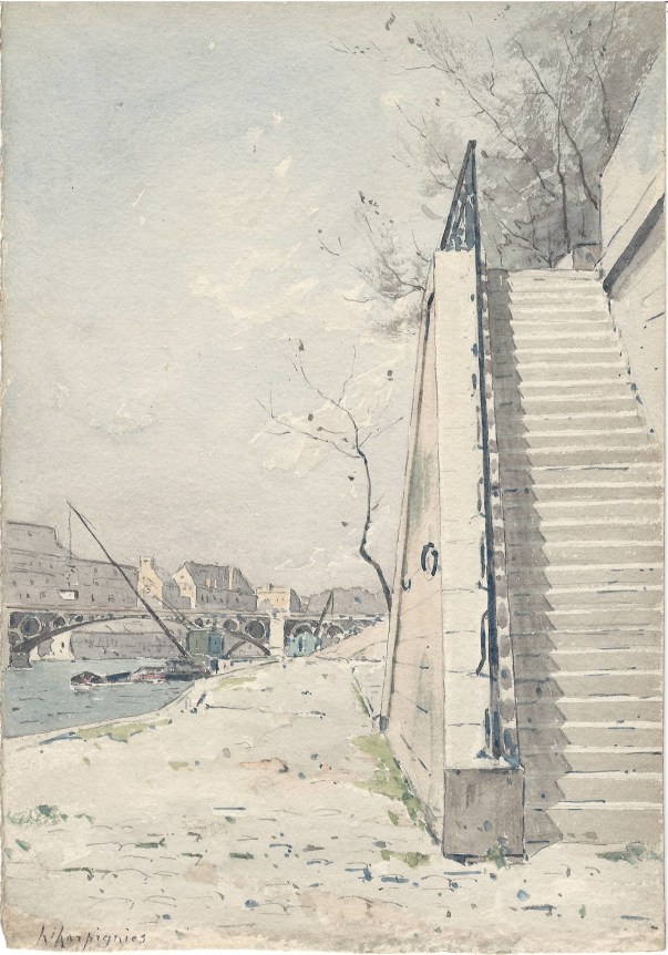 Banks of the Seine (Bords de la Seine)    Watercolor and pencil on paper  11 1/4 x 7 7/8 inches  Signed lower left