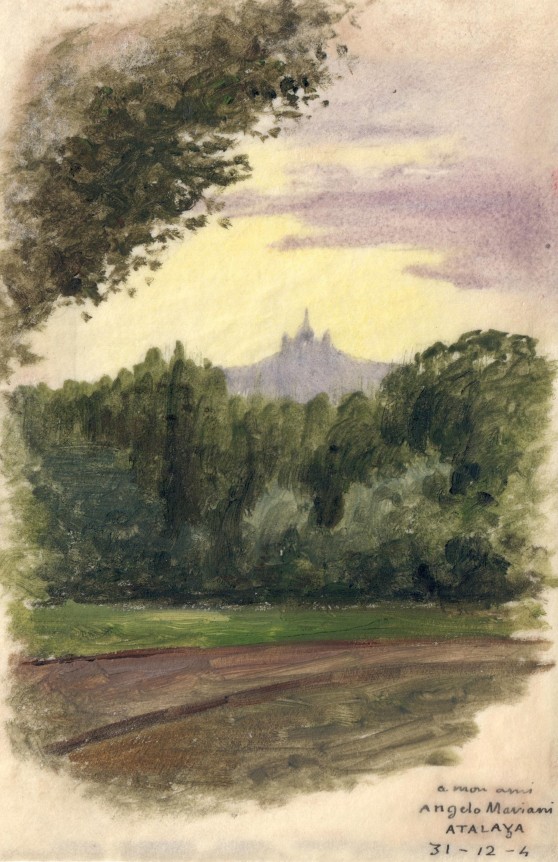 Enrique Atalaya&nbsp; View of the Basilica of Sacr&eacute;-C&oelig;ur, December 31, 1904&nbsp;  ​​​​​​​Watercolor on paper 5 5/16 x 3 7/16 inches