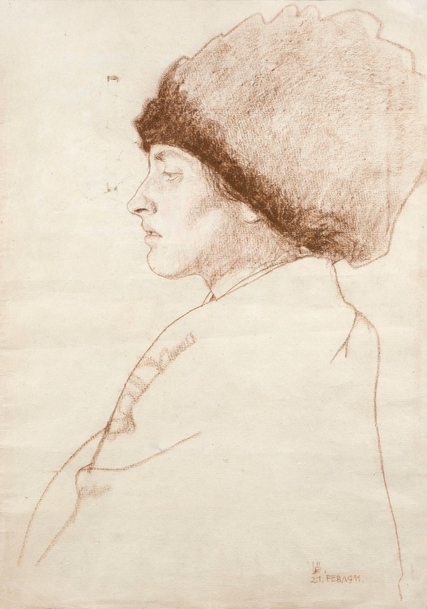 Berthold L&ouml;ffler  Portrait of Melitta, the artist&rsquo;s wife (recto) / Designs for a poster (verso), 1911  Red chalk and color crayon on paper (recto) / Gouache and ink (verso)  18 x 12 1/2 inches