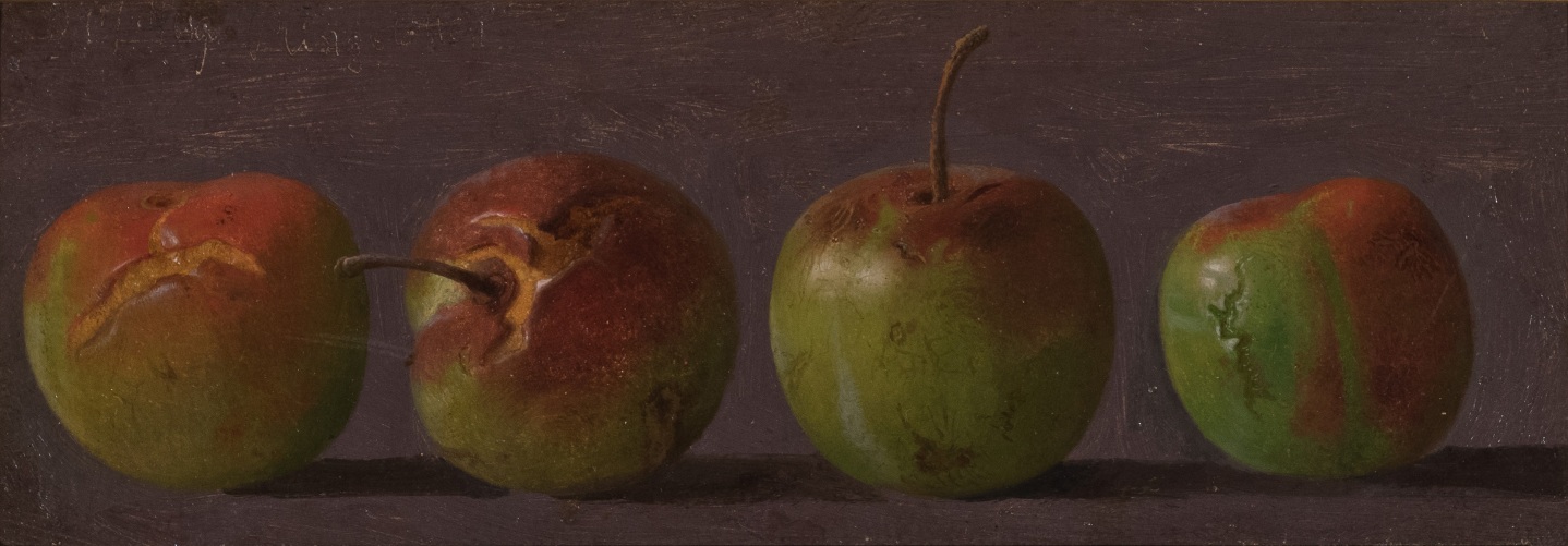 Helen Searle American, 1834-1884 . Crabapples, c. 1877    Oil on paper on card 2 3/4 x 8 in.