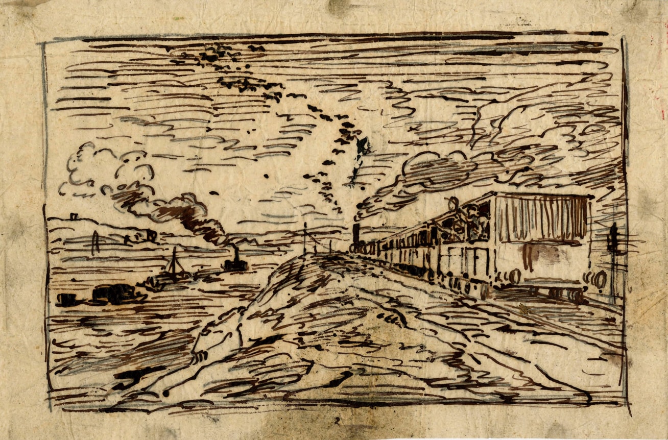 Charles F. Daubigny, Le départ (Le retour)    Pen and ink on papier calque 4 15/16 x 7 1/2 inches