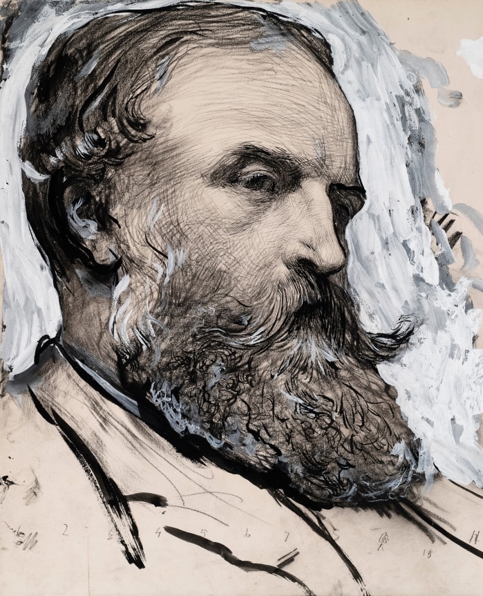 Sir Hubert von Herkomer, Head of a Bearded Man  Pencil and black ink, heightened with white and grey gouache on paper 10 3/4 x 8 5/8 inches