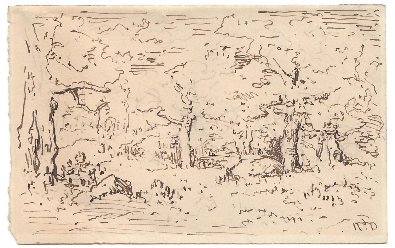 Narcisse Virgile Diaz de la Peña  Landscape in the Forest of Fontainebleau    Brown Pen and ink on paper  3 3/4 x 6 inches