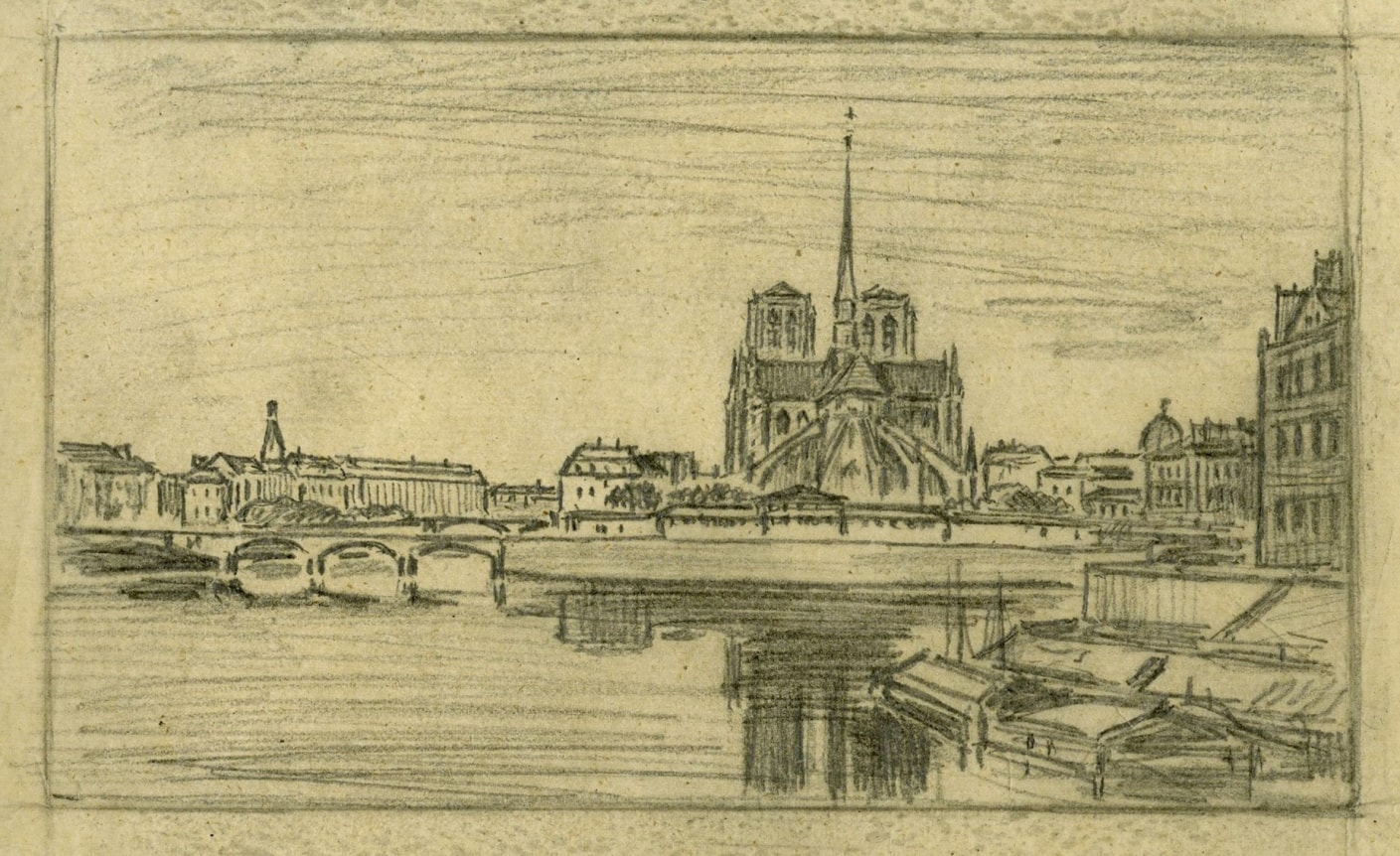Charles François Daubigny  Notre Dame et l'Ille de la Cité  Graphite on calque 4 1/2 x 7 inches