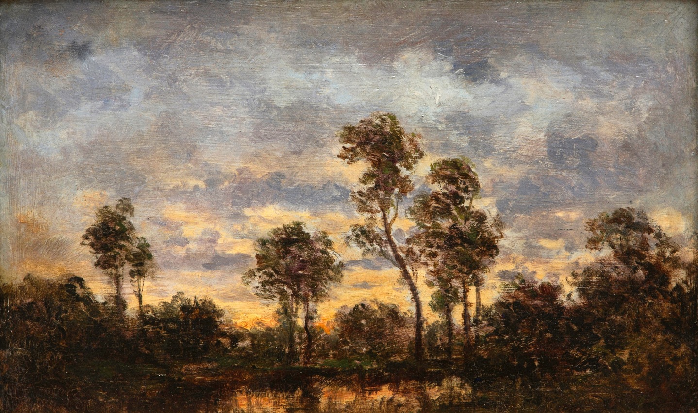 Théodore Rousseau  Mareau Couchant, Foret de Fontainbleau    Oil on panel  7 1/4 x 11 1/4 inches