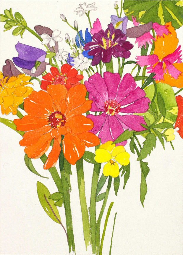 Pamela Sztybel Zinnias with Yellow Viola  Watercolor on paper 7 x 5 inches