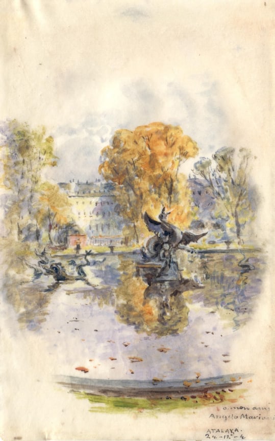 Enrique Atalaya  The Dragon Fountain at Versailles, December 24, 1904  Watercolor on paper 5 5/16 x 3 7/16 inches