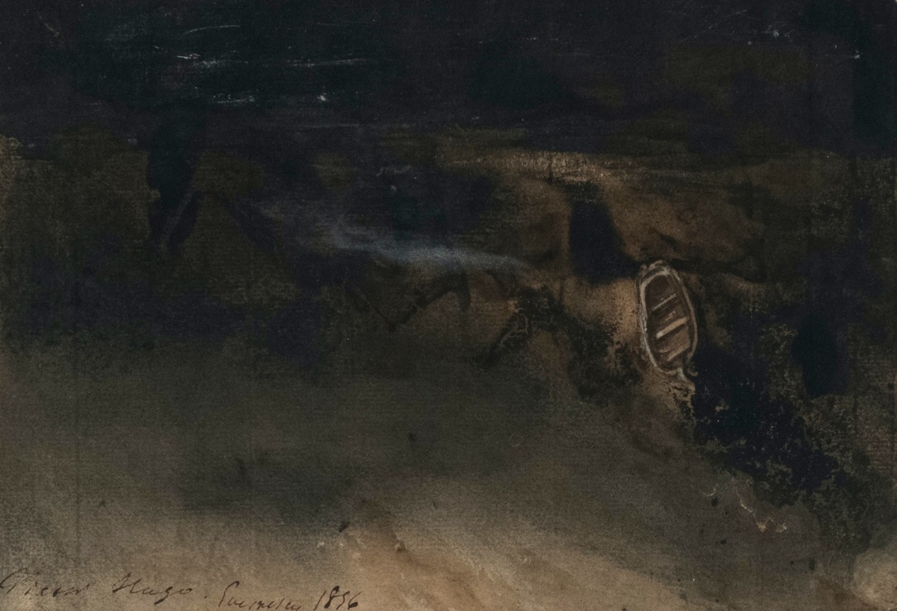 Victor Hugo Boat at Sea, 1856     Pen and brush with brown ink and wash, heightened with white gouache on paper 6 1/4 x 9 1/4 inches  Signed, dedicated, located lower left: Victor Hugo, Guernsey 1856