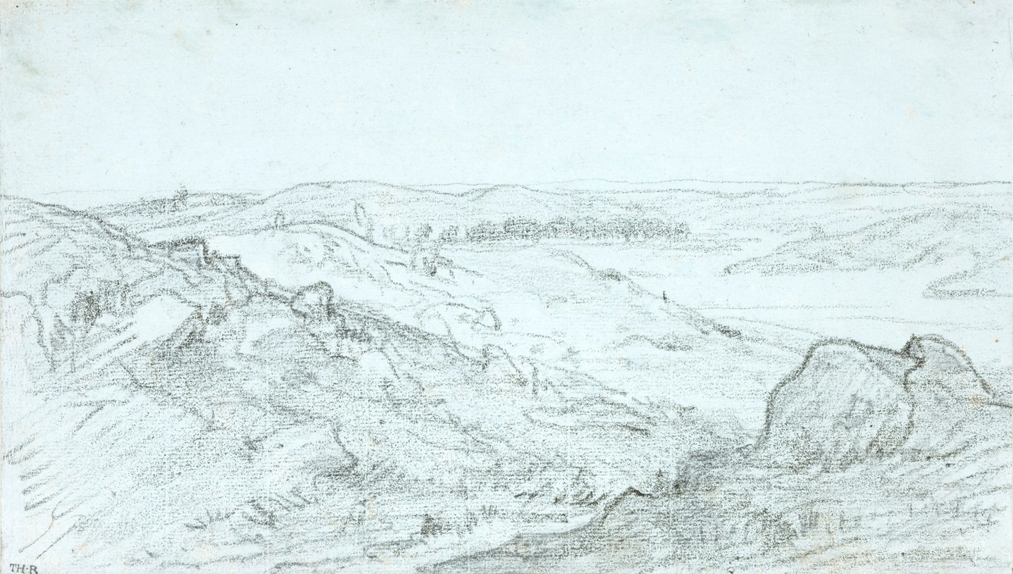 Théodore Rousseau  Les Gorges d'Apremont, c. 1850  Pencil on blue paper 6 5/8 x 11 3/8 inches