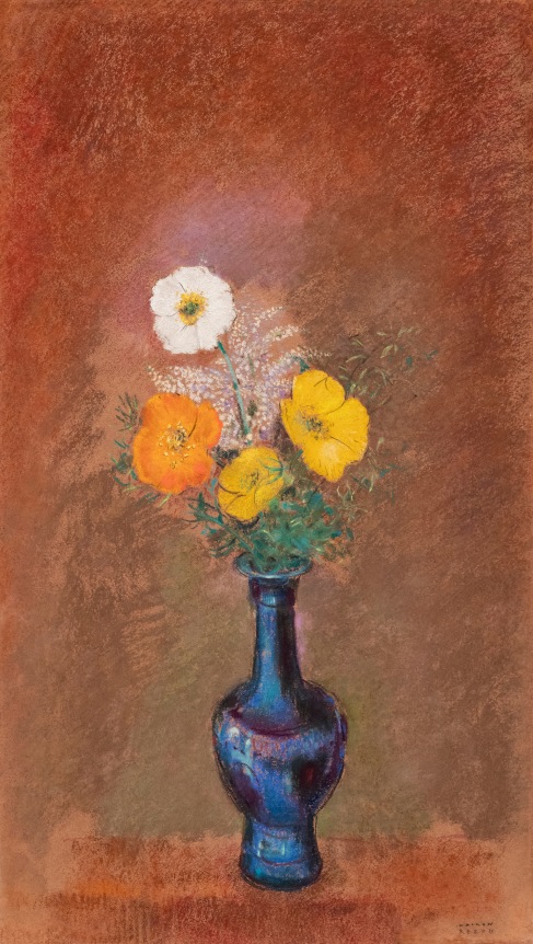 Odilon Redon Fleurs dans un vase bleu     Pastel on paper laid down on board 21 x 11 7/8 inches