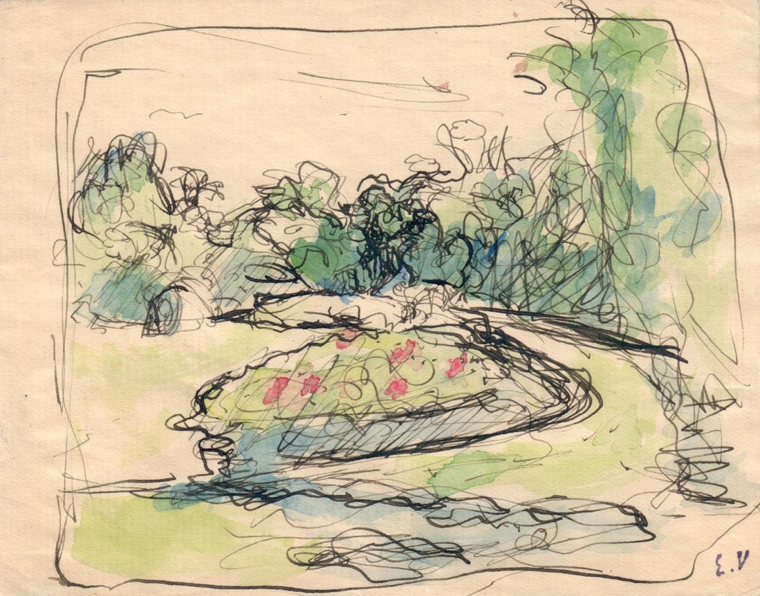 Edouard Vuillard A Corner of the Garden at L’Etang-la-Ville, at the home of the Roussels, c. 1900   Watercolor and ink on paper 3 7/8 x 5 inches