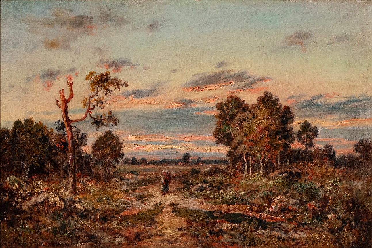 Theodore Rousseau (French, 1812-1867) Path at the Edge of the Forest, c. 1850-55 (Route au lisière de la forêt) Oil on panel 10 5/8 × 16 1/8 inches