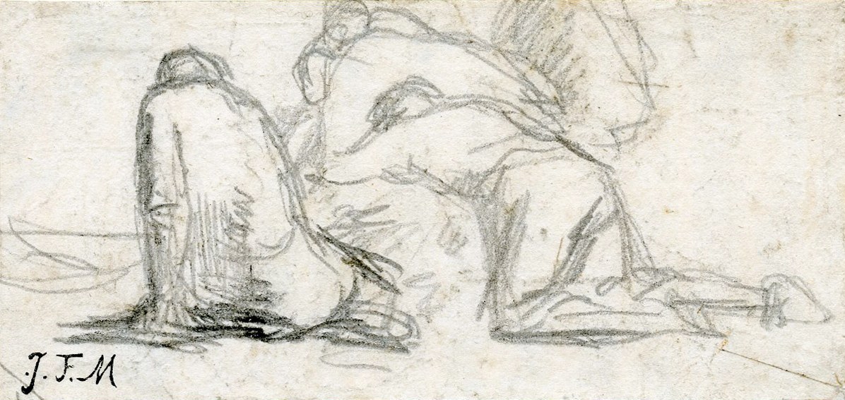 Jean-Fran&ccedil;ois Millet Study for Harvesters Resting, Ruth and Boaz (Etude pour Moissonneuses au repos, Ruth et Boaz), 1853    Graphite on paper  1 7/8 x 4 inches