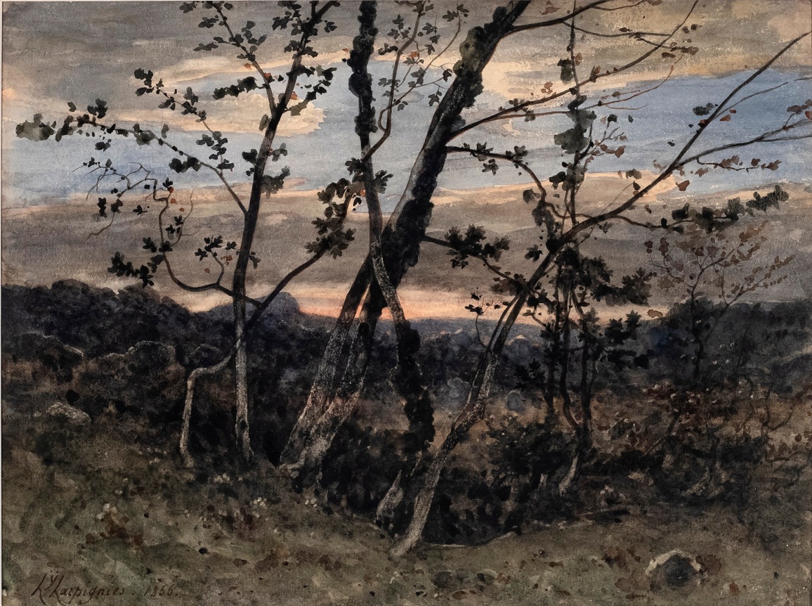 Henri Joseph Harpignies (1819-1916) Arbres dan us paysage vallone a la tombee de la nuit, 1866   Watercolor heightened with gum arabic 9 3/4 x 13 1/4 inches