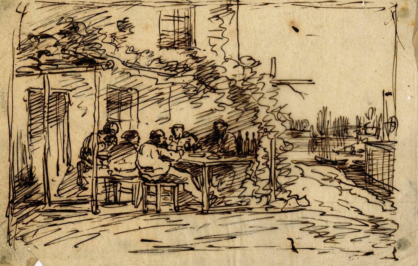 Charles F. Daubigny, The departure lunch in Asnières    Pen and ink on tracing paper  4 5/8 x 7 inches
