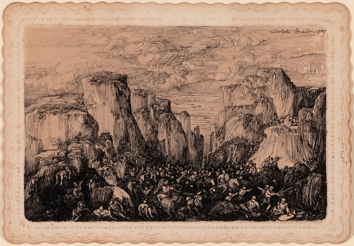 Rodolphe Bresdin (1822-1885) Bataille dans un paysage rocheux, 1865   Pen and China ink on Bristol paper with a dentile edge 4 1/8 x 5 7/8 inches