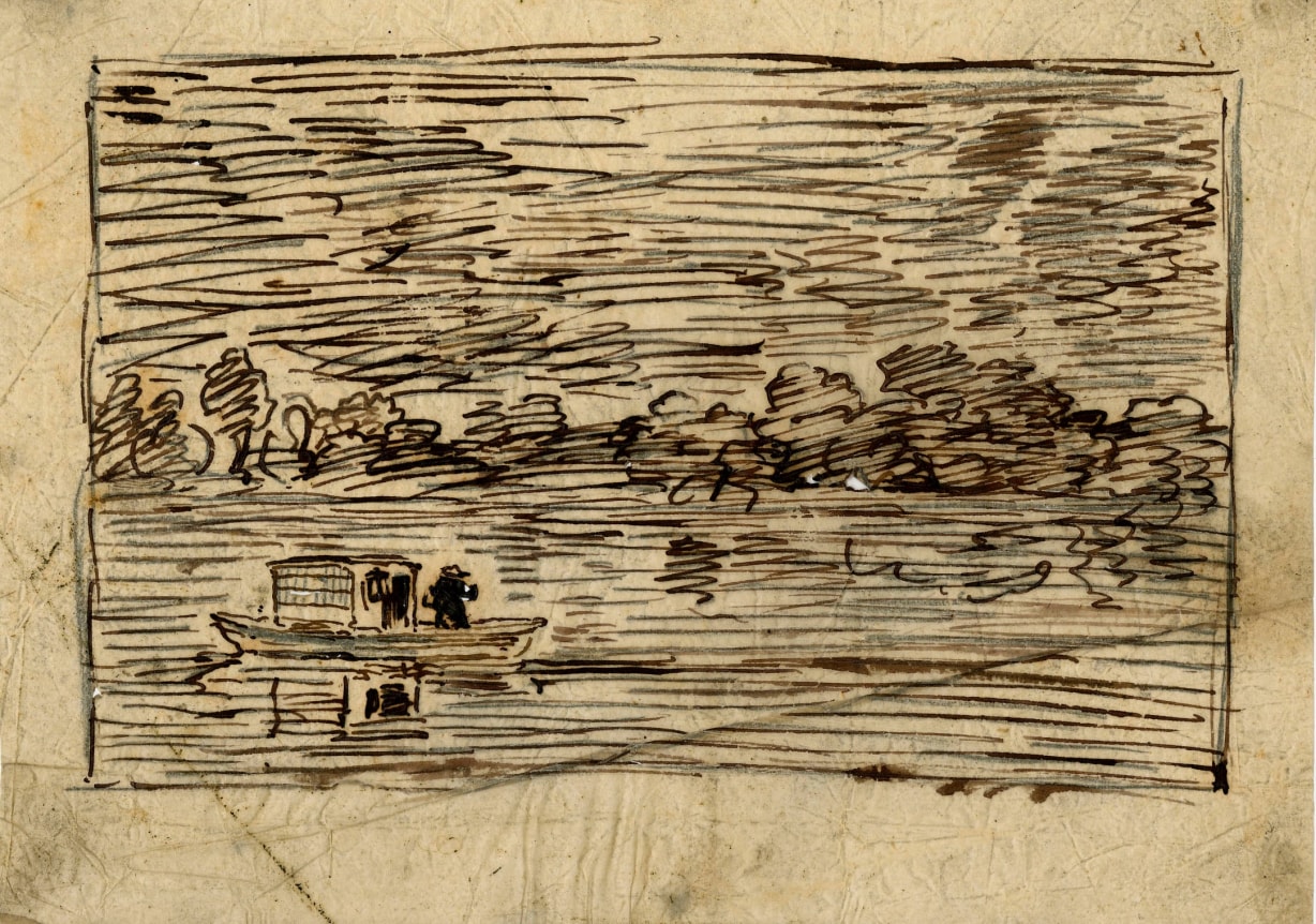 Charles F. Daubigny, Night trip or Fishing net    Pen and ink on tracing paper  5 1/4 x 7 1/4 inches