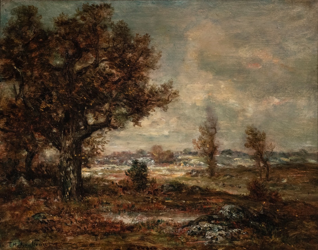 Théodore Rousseau French, 1812-1867 . A Cloudy Day in the Forest of Fontainebleau   1855-60    Oil on panel 8 1/4 x 10 5/8 in.