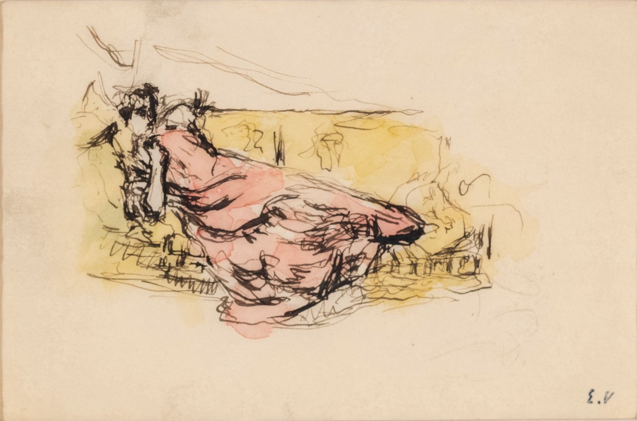 Edouard Vuillard  Lucie Hessel Lying on a Couch, c. 1900   Watercolor and ink on paper 4 1/16 x 6 3/16 inches