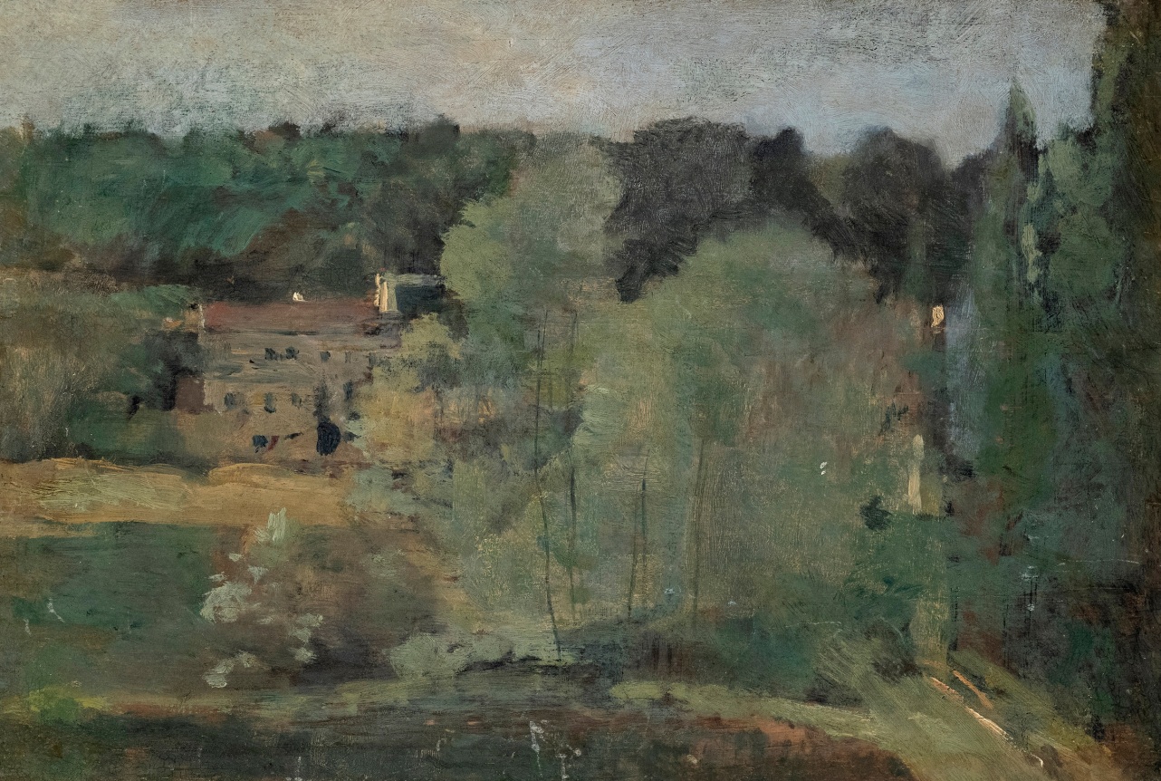 Jean-Baptiste-Camille Corot Ville d’Avray –View of the Cabassud Houses on Corot’s Property, c. 1855  Oil on parqueted wood panel 10 5/8 x 15 ¼ inches