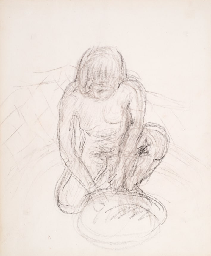 Crouching Nude, c. 1910-1918    Pencil and black chalk on paper  12 3/16 x 10 inches  Stamped lower left